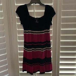 I-N-C Petite Sz L black/pink/tan striped short sleeve dress, excellent condition